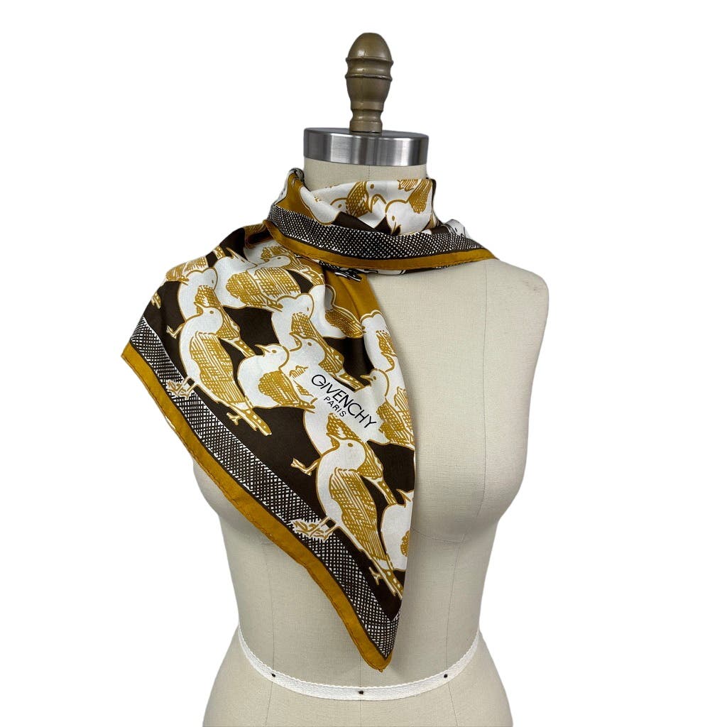 VTG Givenchy Mob Wife Silk Scarf France Brown Gold Bird Gull Design 30" Square Givenchy