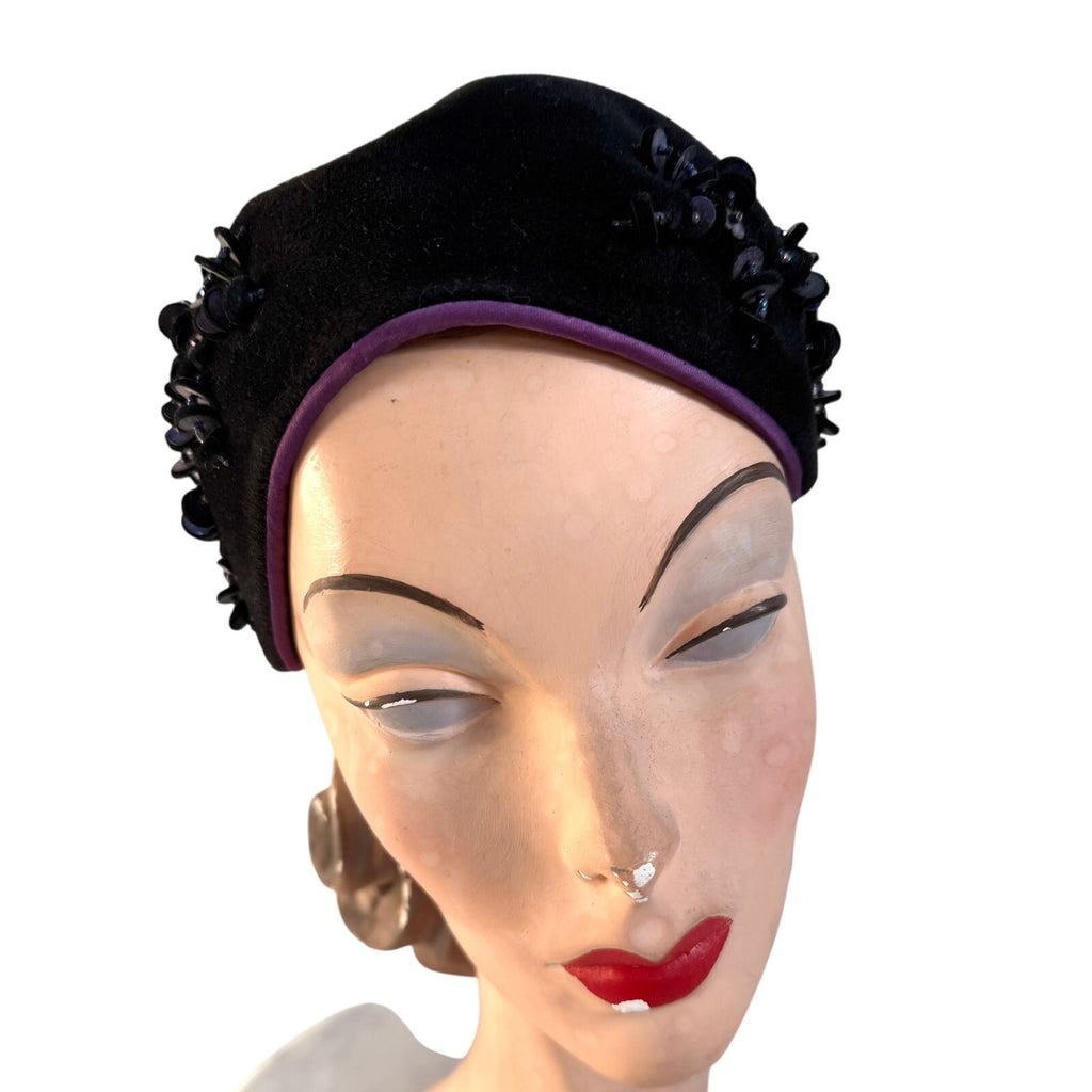 Hattie Carnegie 1950s Womens VTG hat Navy Blue Eclaire Wool Sequin Bead Baubles Hattie Carnegie