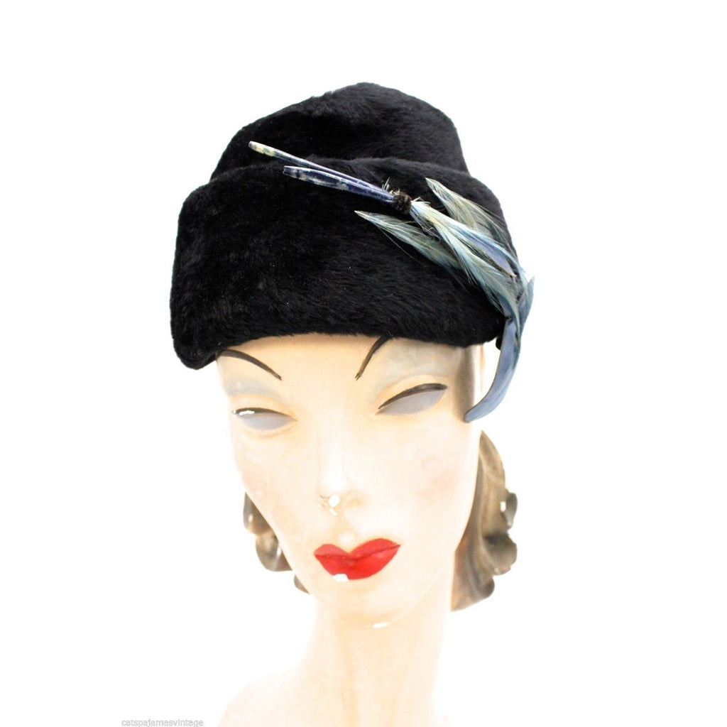 James Campbell VTG Hat Black Mousse Leather Leaves Feathers 1950s + Hat box James Campbell