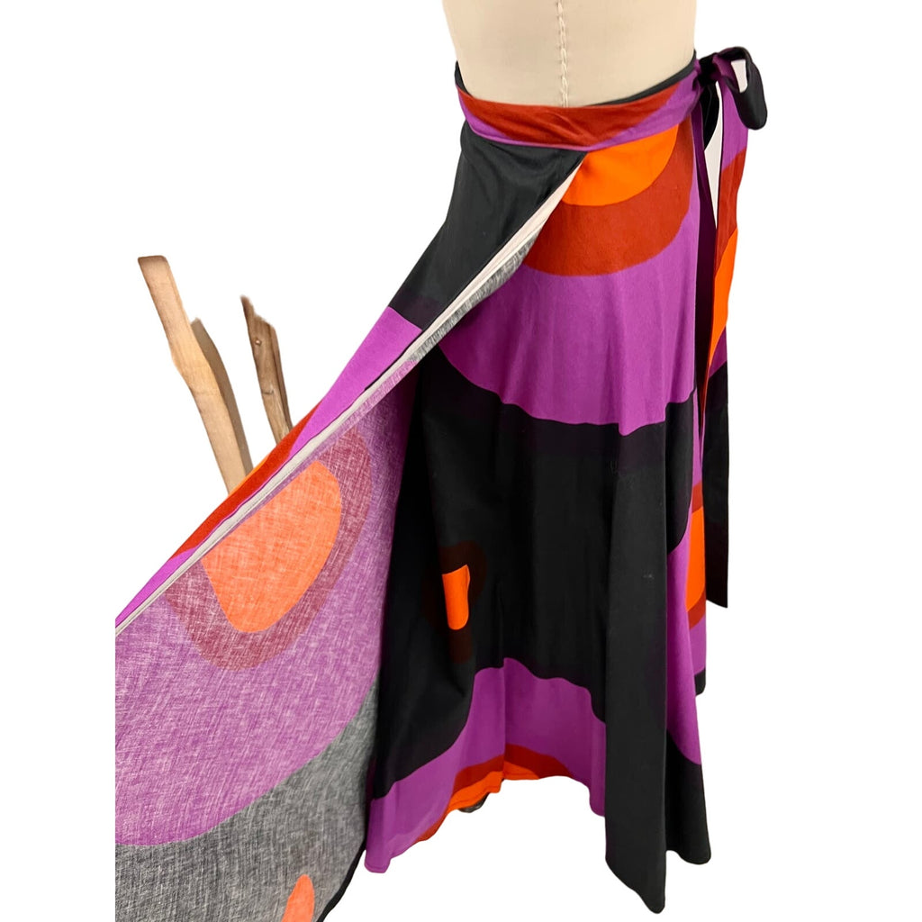 70s VTG Retro Finnish Design Black Purple Orange Tampella Circle Wrap Skirt O/S Tampella