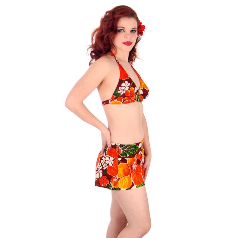 VTG 70s Hawaiian Bikini Set Halter Bra + Boy Leg Shorts Retro Swim S/M Unbranded