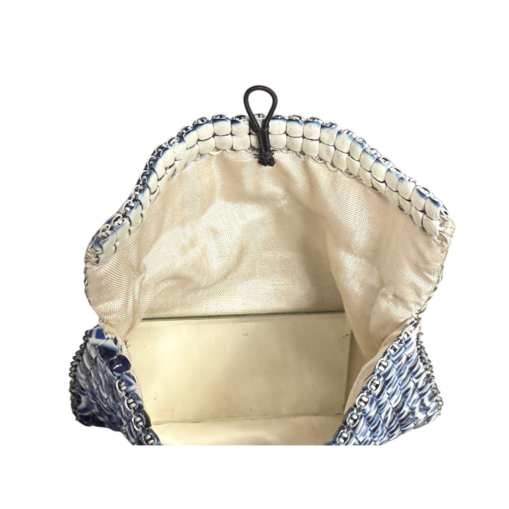 Antique Art Deco 1920s Enameled Mesh Cobalt Blue & White Mini Evening Purse/ Makeup Bag Unbranded