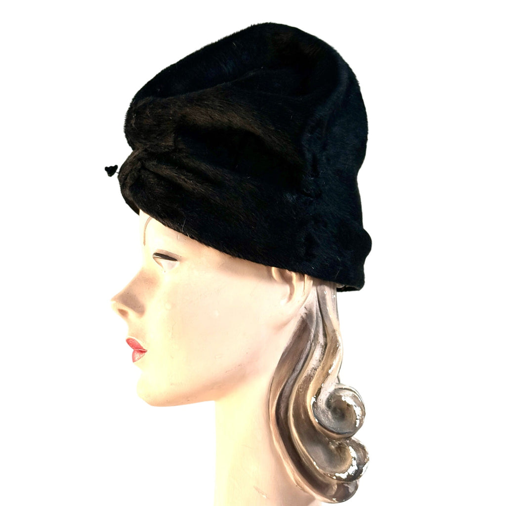 1940s Womens Tall Architectural Fur Felt Hat Black Turban Style Med. Bonwit Teller Bonwit Teller