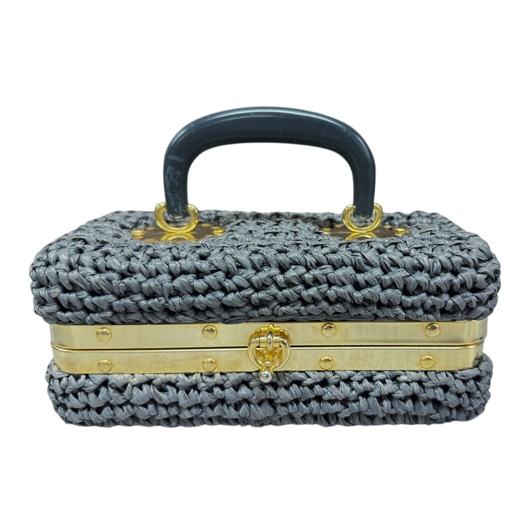 VTG 1960s Raffia Box Purse Gray Gold Meadallion Hardware Hard Sided Mini Unbranded