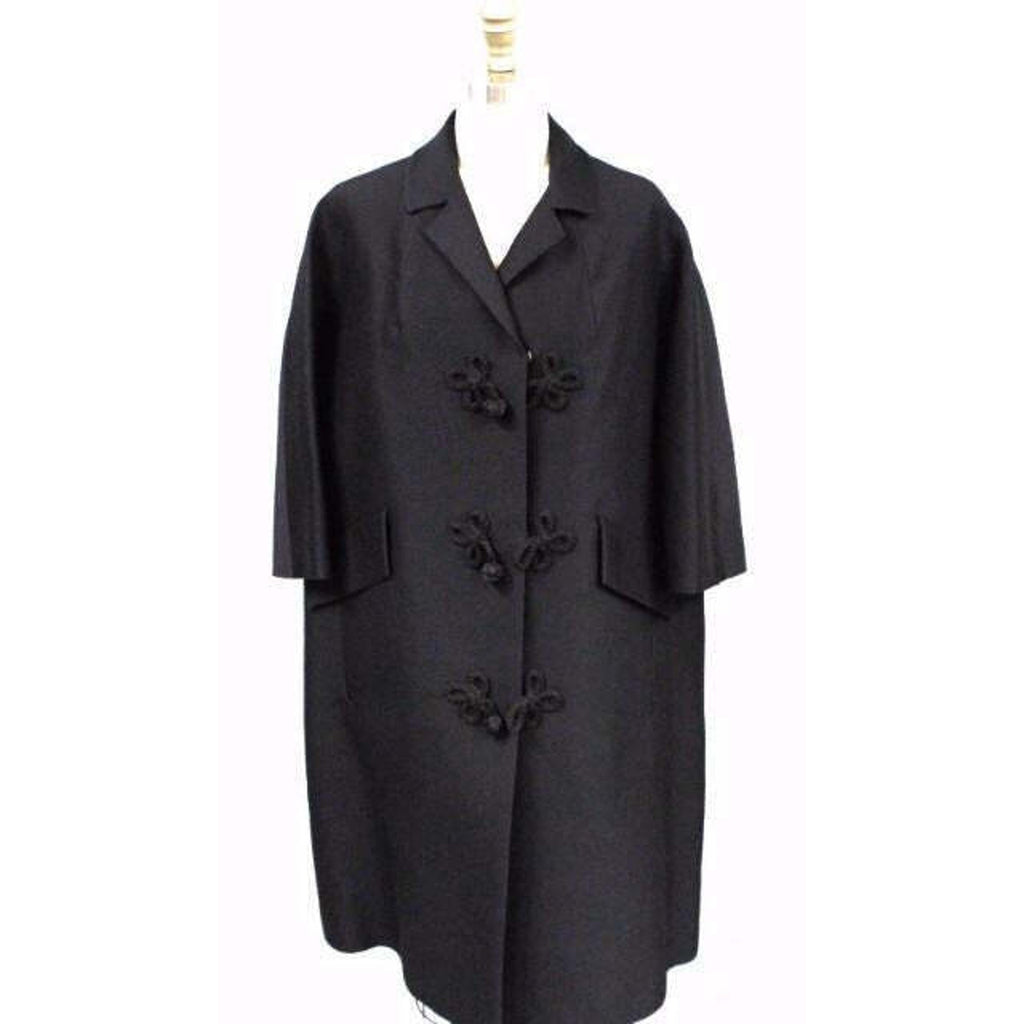 VTG 1950s Black Wool Sack Coat Asian Frog Closures Silk Blend MCM L/XL Coat Unbranded