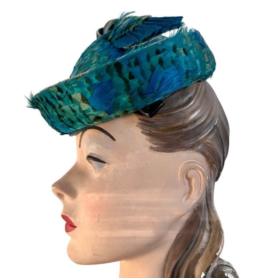 Jack McConnell c.1950s Vintage Hat Turquoise Pheasant Feathers Stupid Cute O/S Jack McConnell
