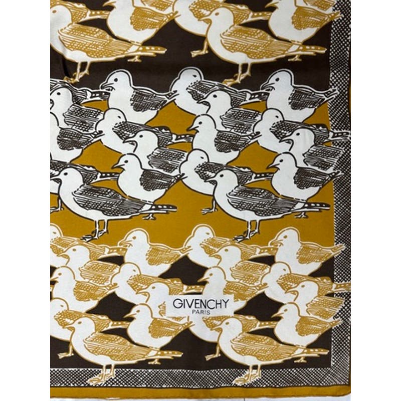 VTG Givenchy Mob Wife Silk Scarf France Brown Gold Bird Gull Design 30" Square Givenchy