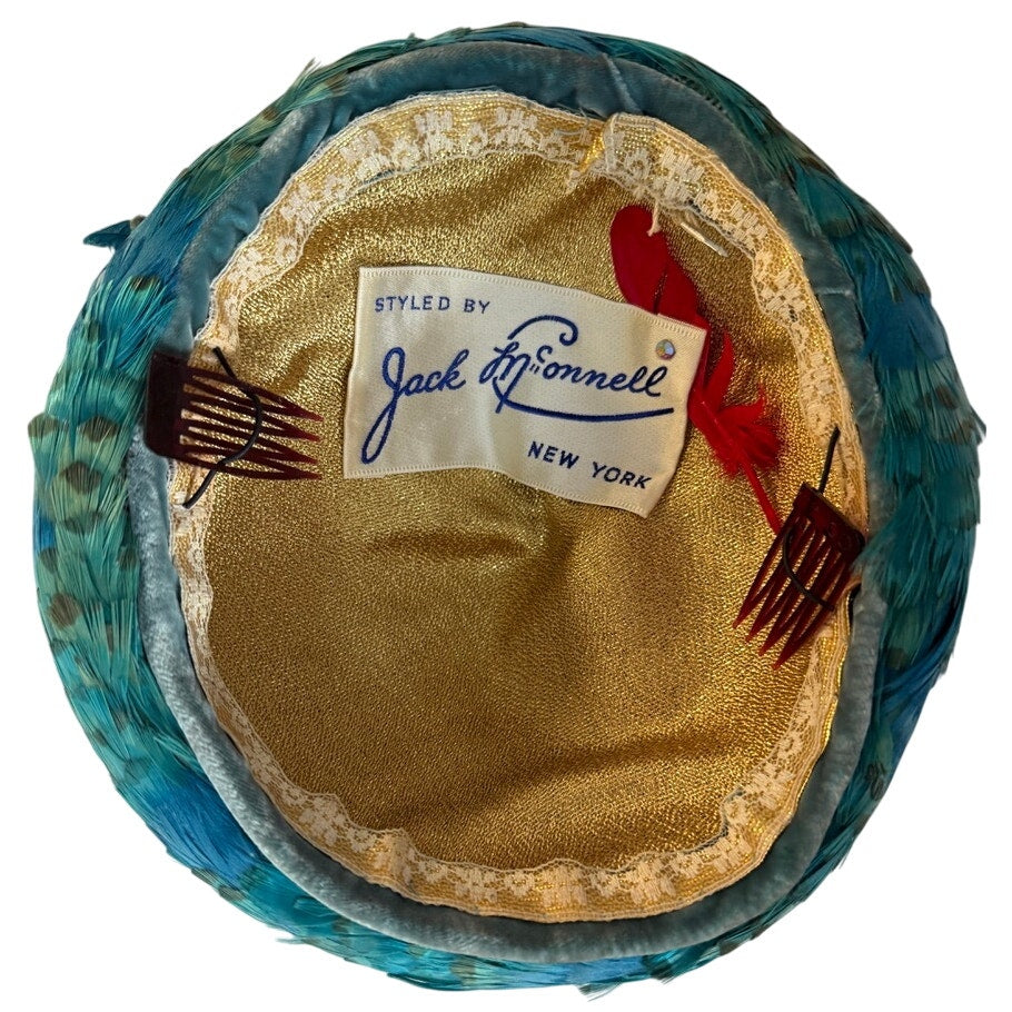 Jack McConnell c.1950s Vintage Hat Turquoise Pheasant Feathers Stupid Cute O/S Jack McConnell