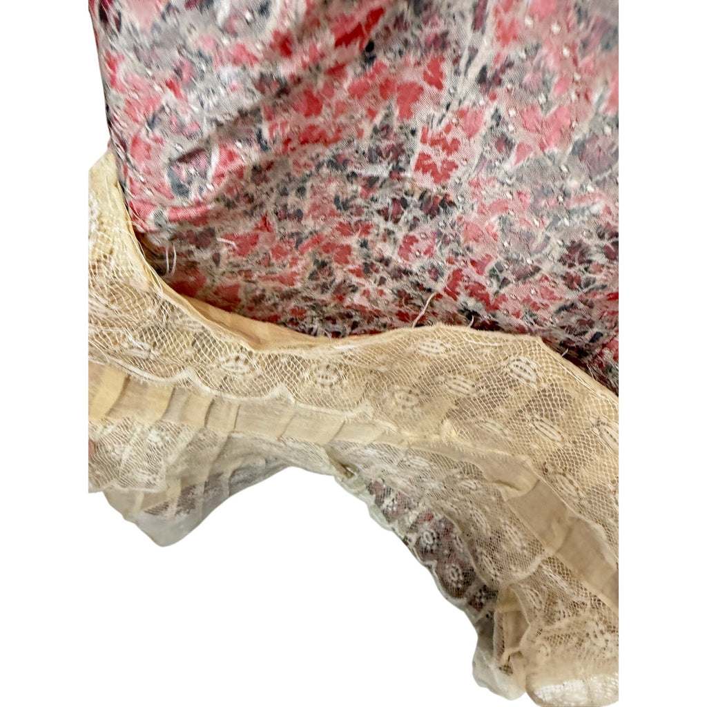 Antique Victorian Bustle Skirt & Bodice Grey Coral Silk Floral RARE Size LARGE Handmade