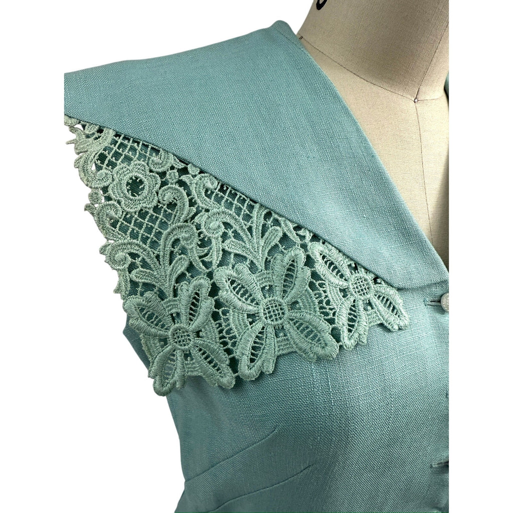 1940s 1950s VTG Bob Low Sz S 6 Aqua Blue Sleeveless Linen Day Dress Lace Collar Bob Low
