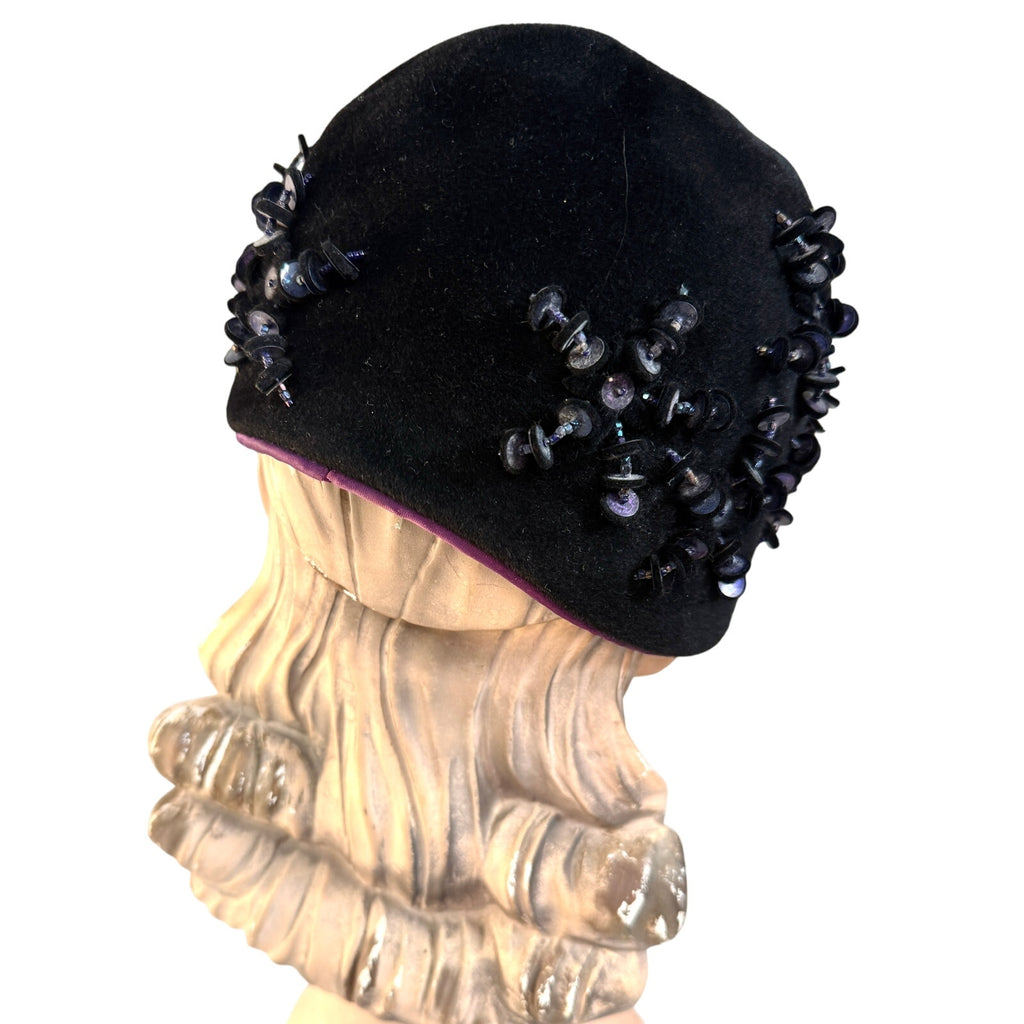 Hattie Carnegie 1950s Womens VTG hat Navy Blue Eclaire Wool Sequin Bead Baubles Hattie Carnegie