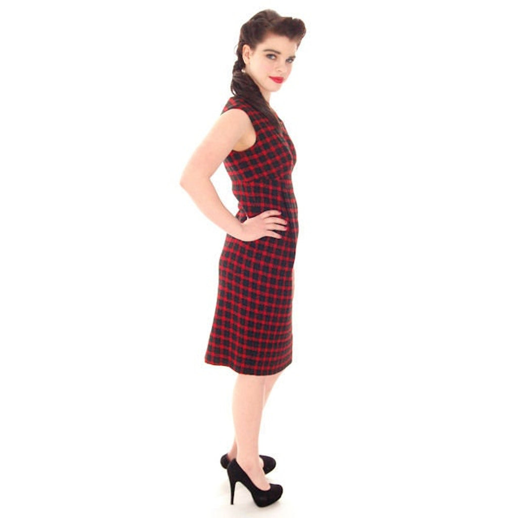 VTG 60s James Galanos Couture Plaid Wool Dress & Coat Red Green Empire Waist S-M James Galanos