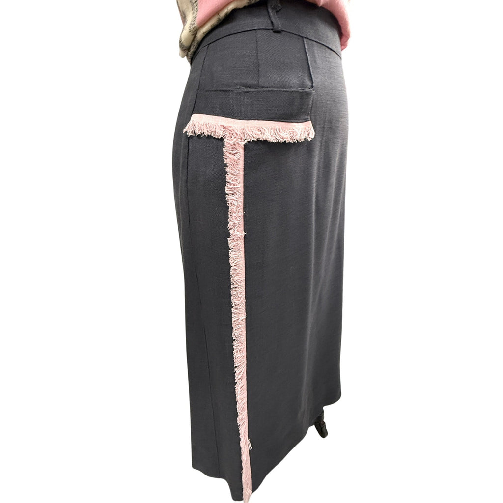 Vintage 1940s/50s Gray Linen Pencil Skirt - Asymmetric Pink Fringe Detail - 6/S Unbranded