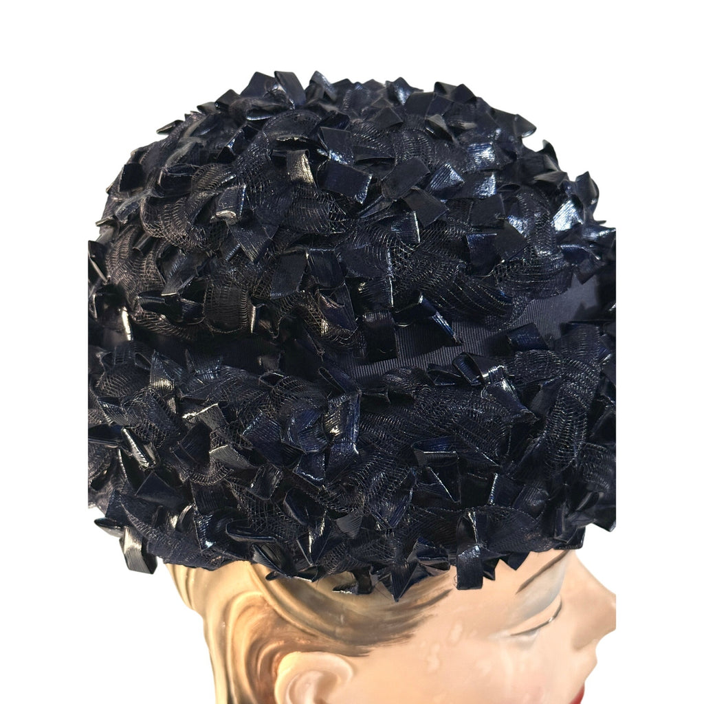 1950s 60s Schiaparelli Hat Vintage MCM Dark Blue Cellophane Straw Pillbox Sz S Schiaparelli