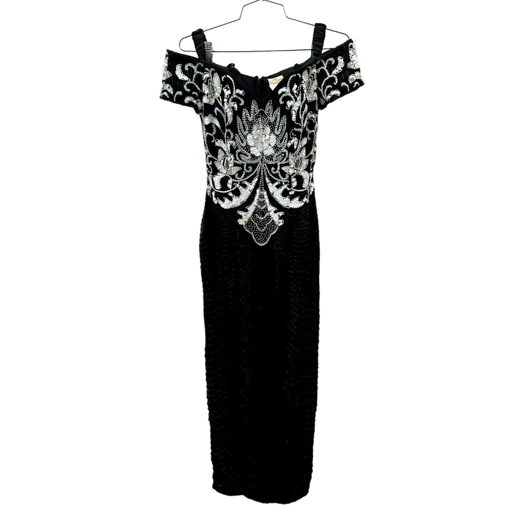 Retro Alyce Designs Vintage Puffy Sleeve Beaded Gown Black Dress Sz 4 80s Glam Alyce Designs