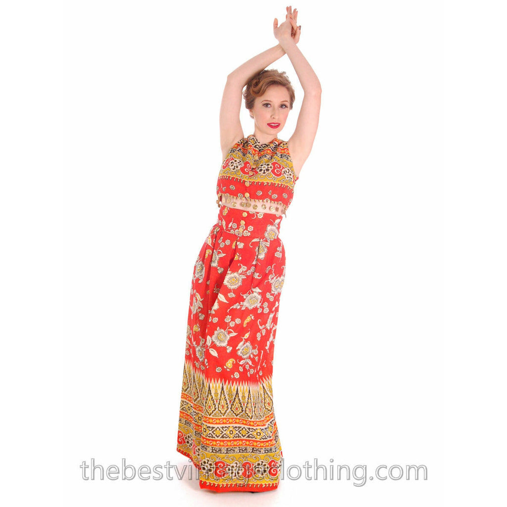 Retro Gypsy Lounge Party Outfit Palazzo Pants Coin Trimmed Midi Top S 60s Lane's Lane's