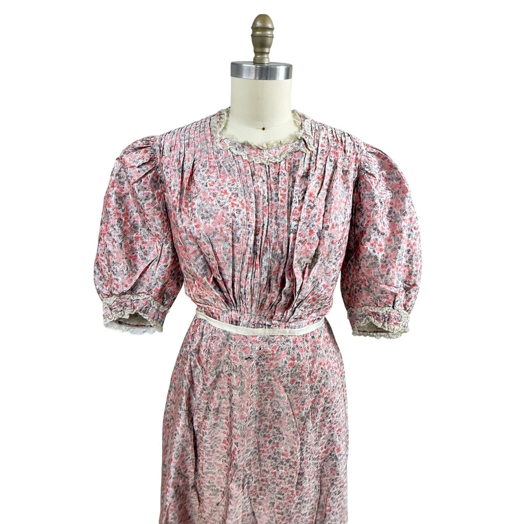 Antique Victorian Bustle Skirt & Bodice Grey Coral Silk Floral RARE Size LARGE Handmade