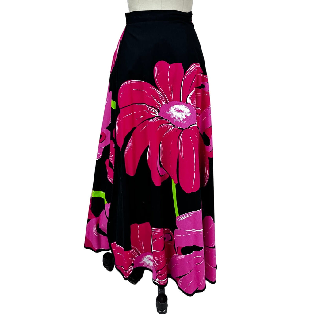 Stunning 70s VTG Hot Pink & Black Floral Wrap Maxi Skirt Marimekko Style O/S Unbranded