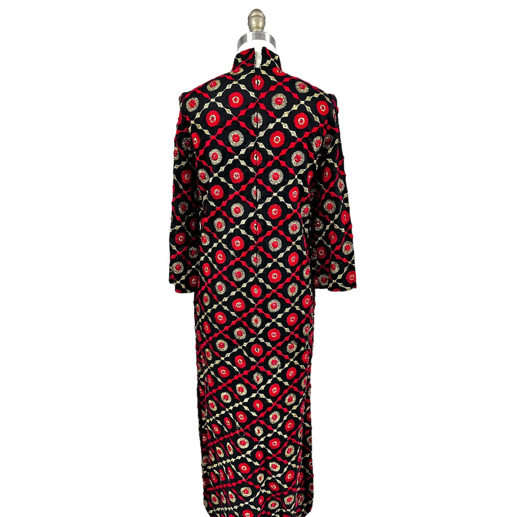 Mob Wife 70s VTG Edie Gladstone Black Dress Gold Red Circle Pattern Sz S Edie Gladstone