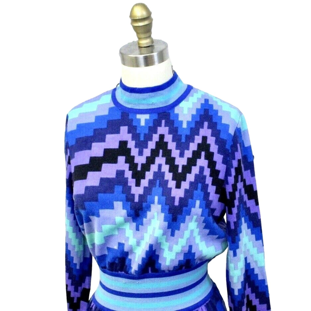 VTG 1970s GOLDWORM KNIT Italy Blue Geometric MAXI-DRESS Sz M Goldworm
