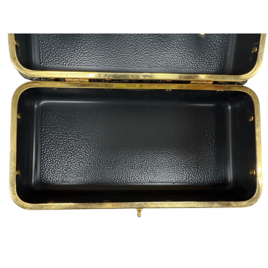 VTG 1960s Raffia Box Purse Gray Gold Meadallion Hardware Hard Sided Mini Unbranded