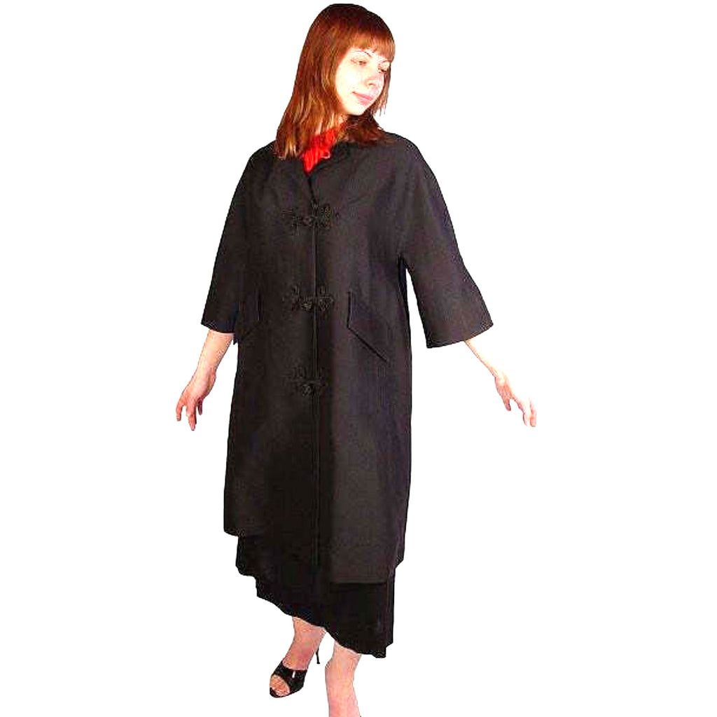 VTG 1950s Black Wool Sack Coat Asian Frog Closures Silk Blend MCM L/XL Coat Unbranded