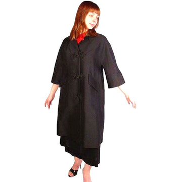 VTG 1950s Black Wool Sack Coat Asian Frog Closures Silk Blend MCM L/XL Coat Unbranded