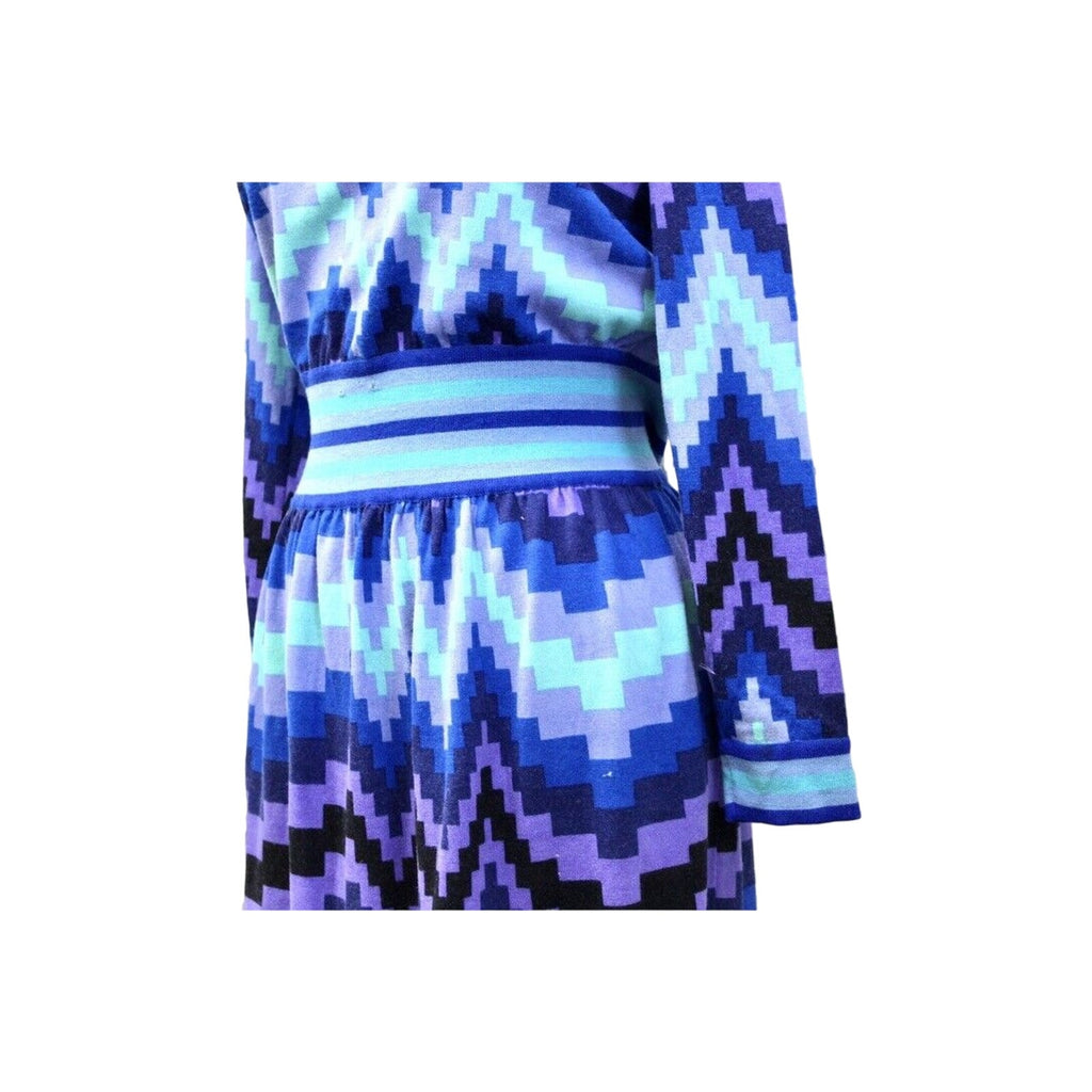 VTG 1970s GOLDWORM KNIT Italy Blue Geometric MAXI-DRESS Sz M Goldworm