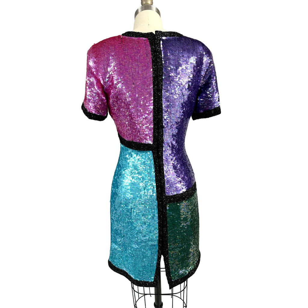 Stunning Neiman Marcus Bright Colorblock Sequin Dress Power Shoulders 1980s Sz S Neiman Marcus