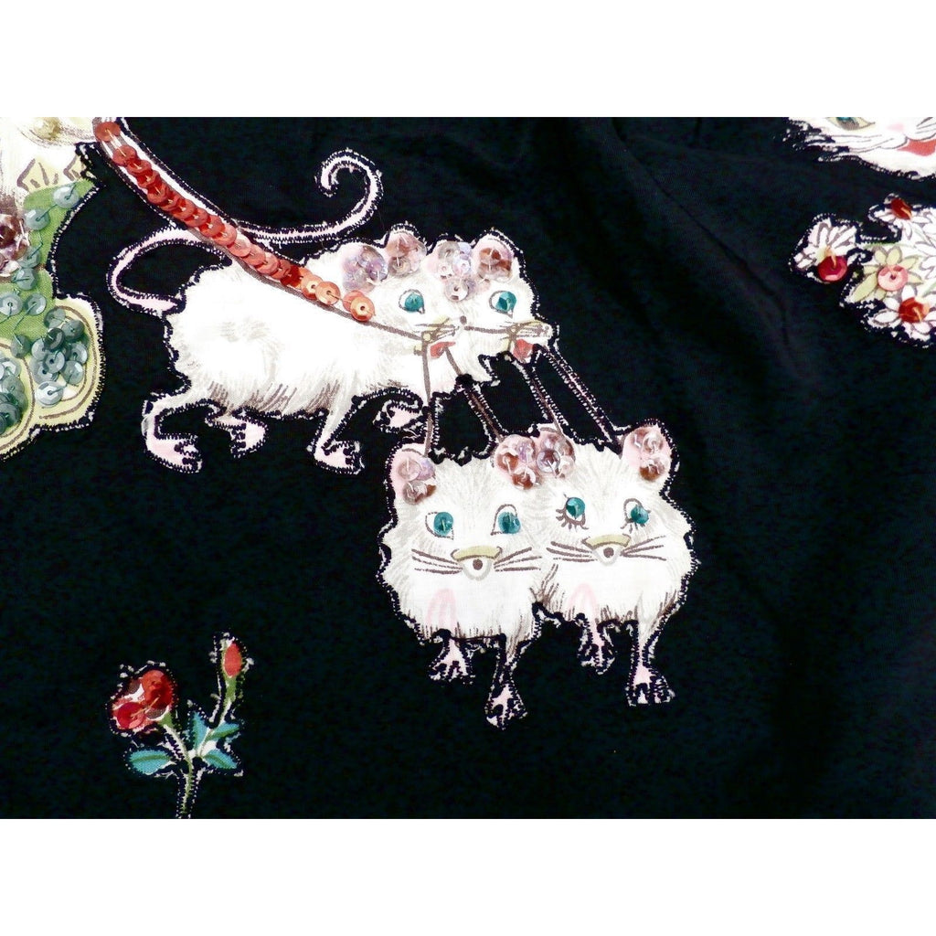 Retro VTG 50s Kitchen Apron Black Taffeta Kittens Cat Appliques Sequins Sue-Set Sue-Set