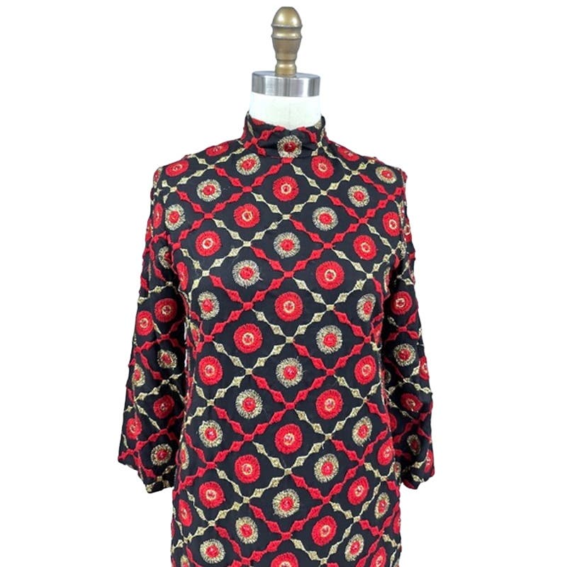 Mob Wife 70s VTG Edie Gladstone Black Dress Gold Red Circle Pattern Sz S Edie Gladstone