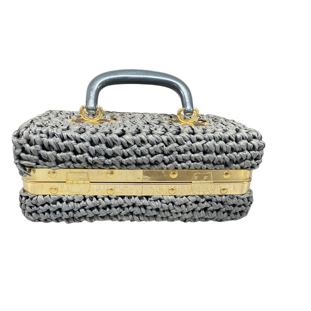 VTG 1960s Raffia Box Purse Gray Gold Meadallion Hardware Hard Sided Mini Unbranded