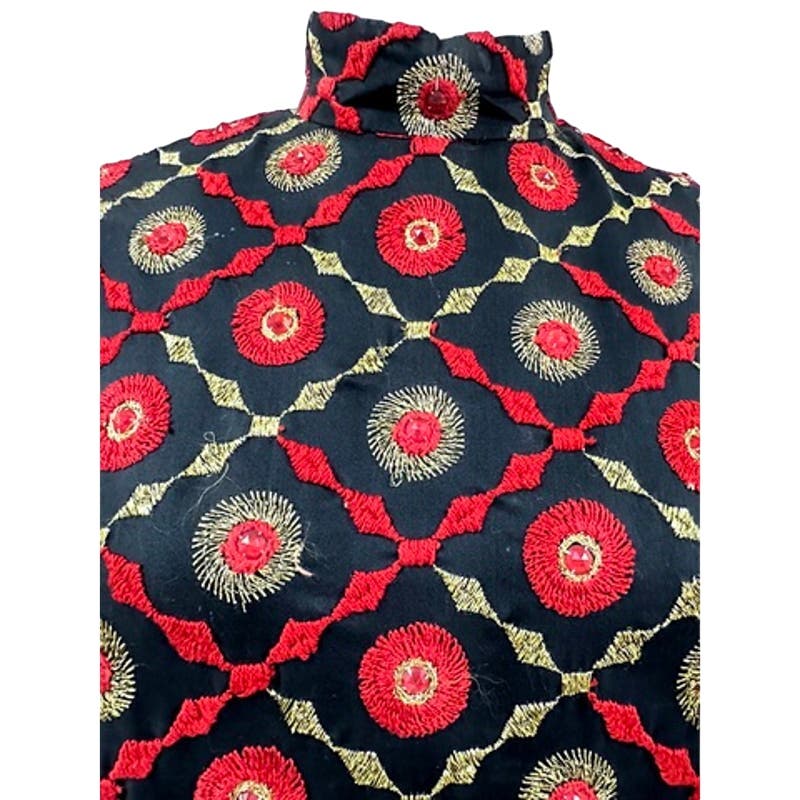 Mob Wife 70s VTG Edie Gladstone Black Dress Gold Red Circle Pattern Sz S Edie Gladstone