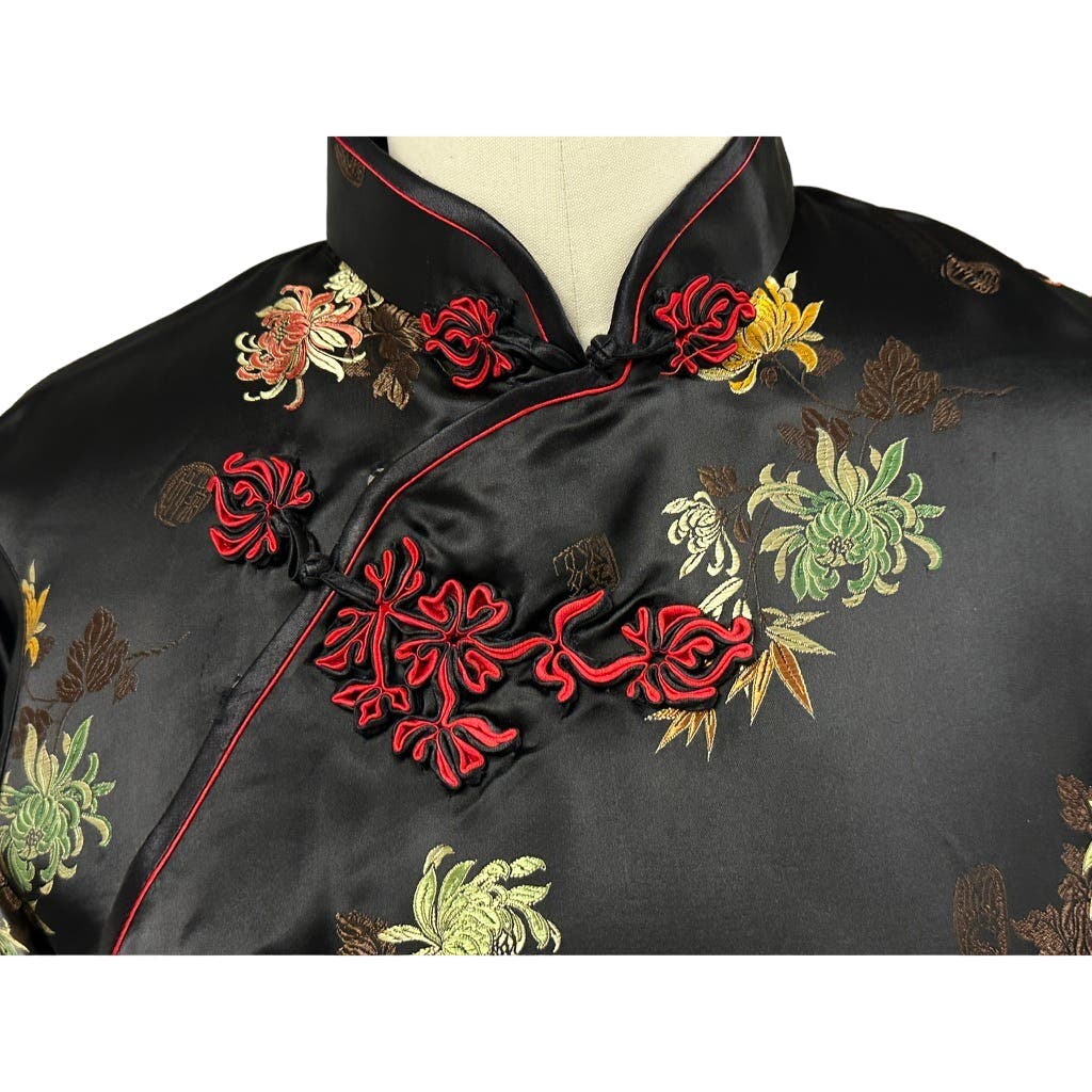 VTG Squirrel Black /Floral Satin Cheongsam Wiggle Dress Sz 40 Medium Red Mums Squirrel