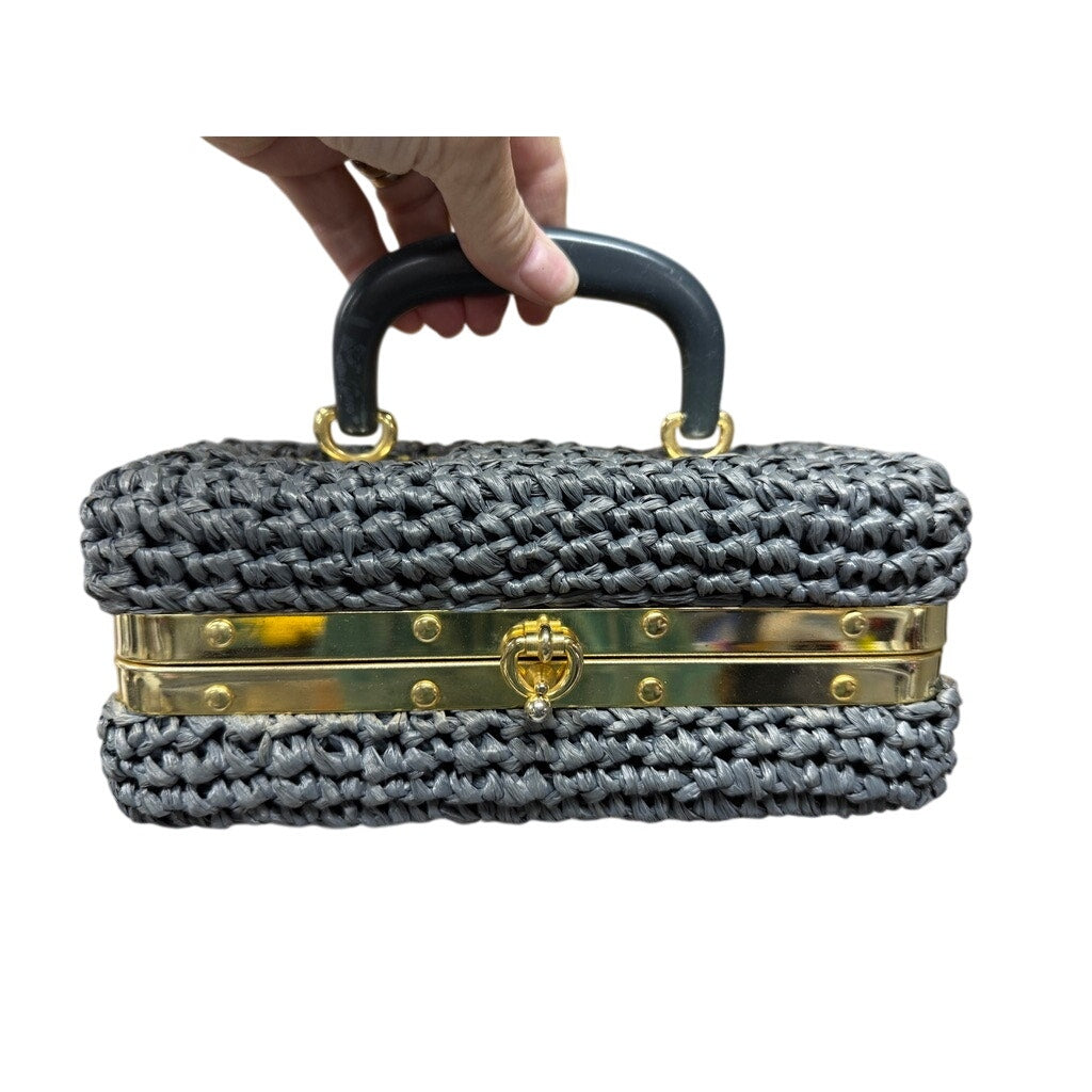 VTG 1960s Raffia Box Purse Gray Gold Meadallion Hardware Hard Sided Mini Unbranded