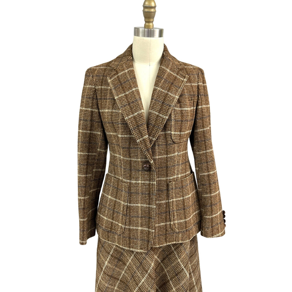 1970s Evan Picone A line Skirt Suit All Wool Brown Blue Plaid S/6 Vintage Career Evan Picone