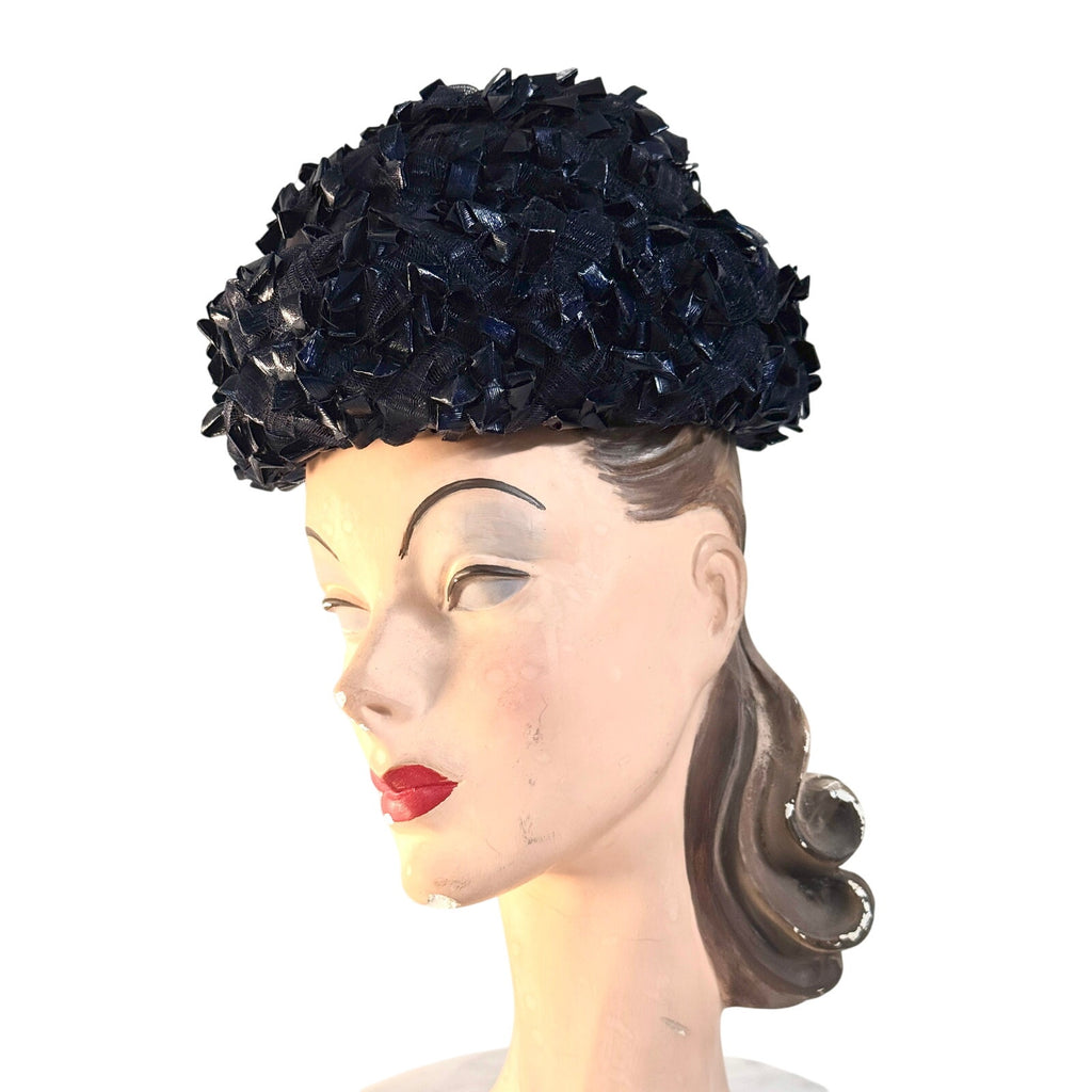 1950s 60s Schiaparelli Hat Vintage MCM Dark Blue Cellophane Straw Pillbox Sz S Schiaparelli