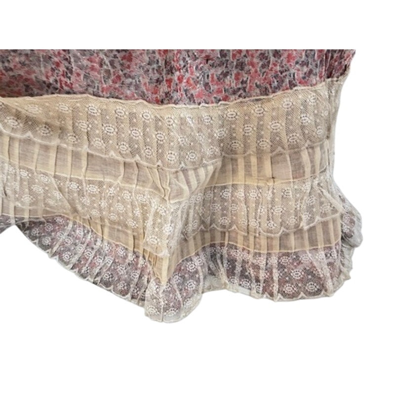 Antique Victorian Bustle Skirt & Bodice Grey Coral Silk Floral RARE Size LARGE Handmade