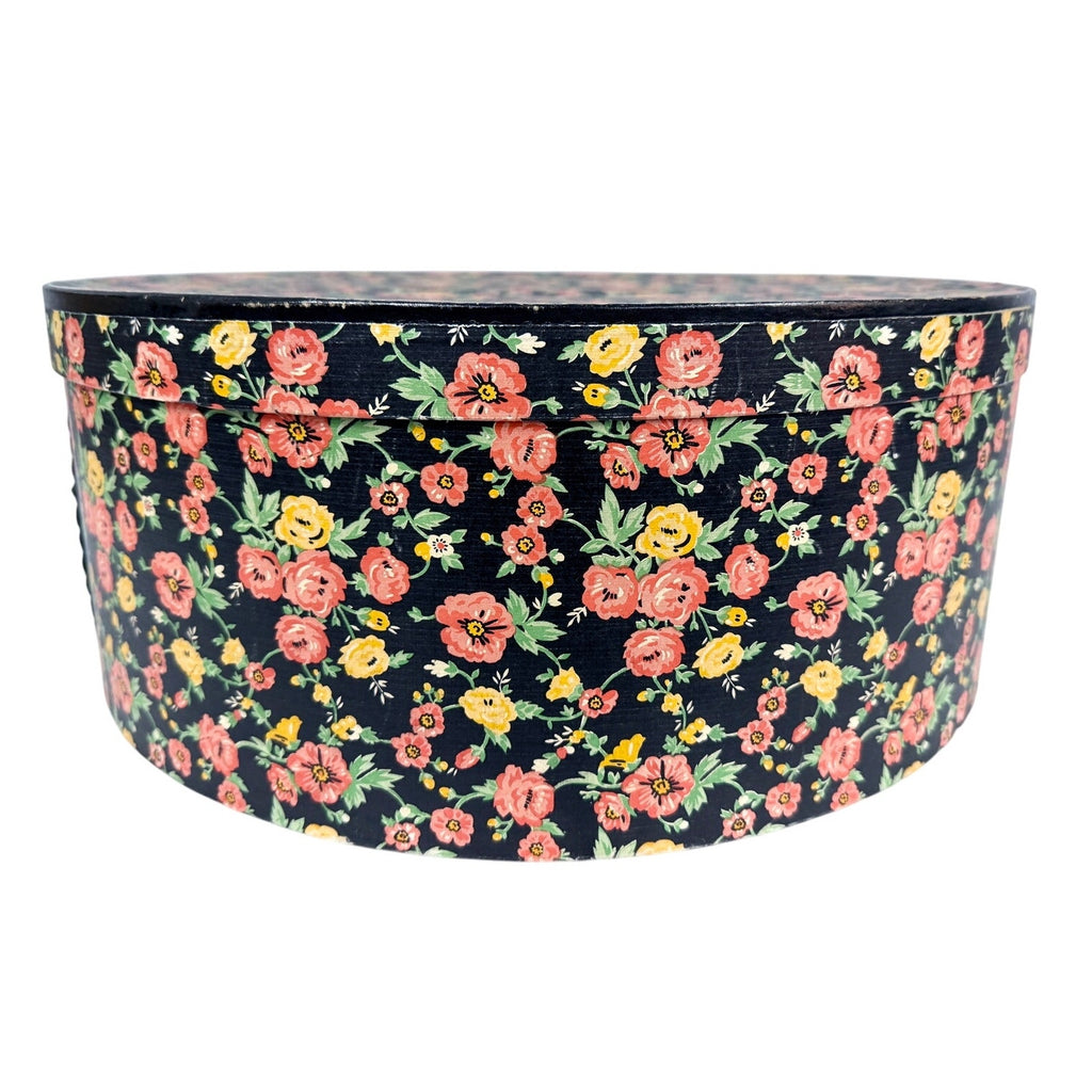 1940s-50s XL vintage wallpaper hat box Pink Flowers on Black 18" x 7" Wide Brim Unbranded