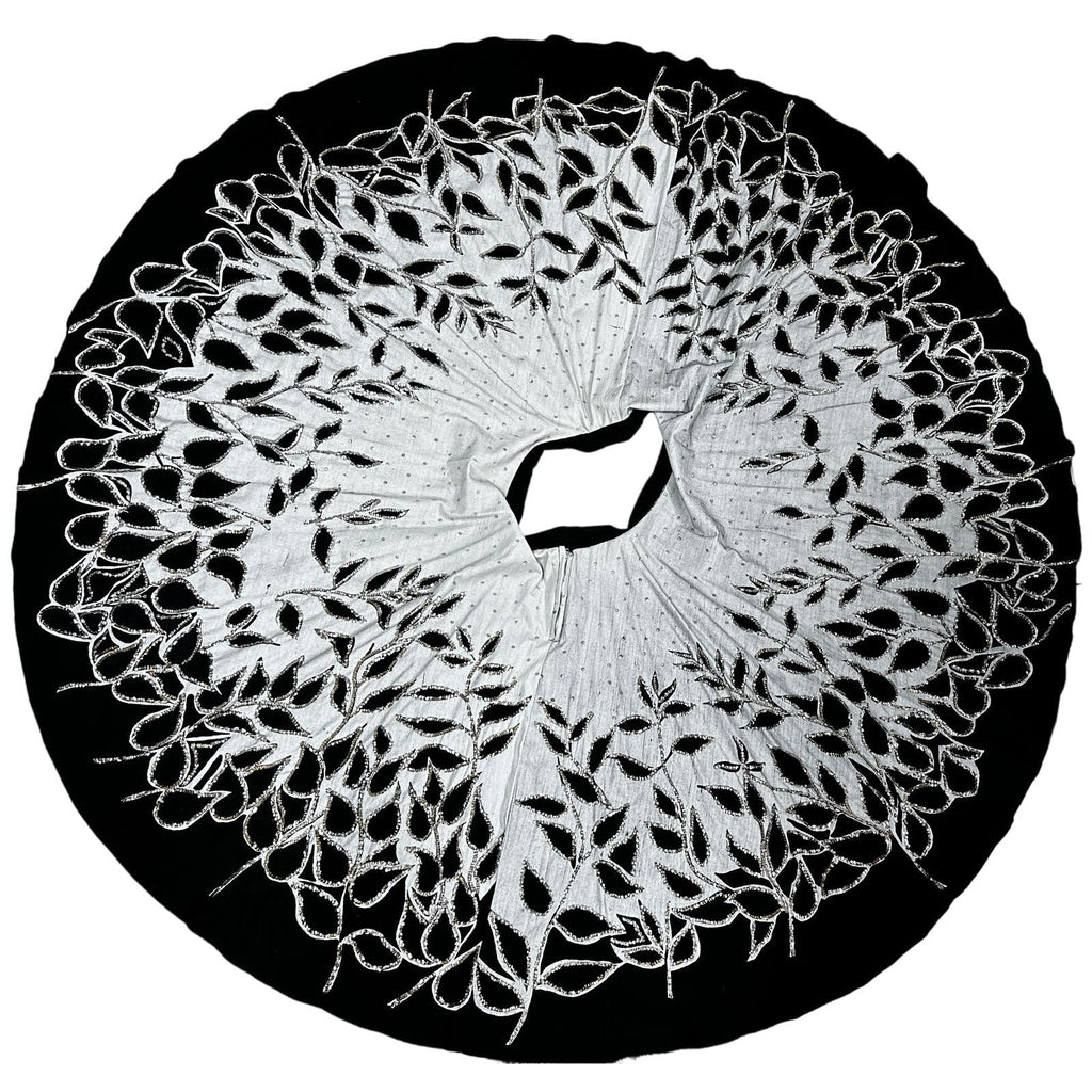 50s VTG Circle Skirt Gray/Black Leaves w/Silver Sequins Dance Rockabilly L/XL Unbranded