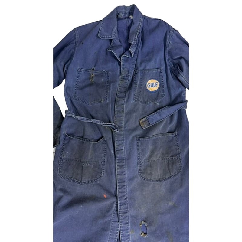 Retro Gulf OIL 40s VTG Loev Bros Shop Coat Sz 44 Uniform Blue Mechanics Loev Bros