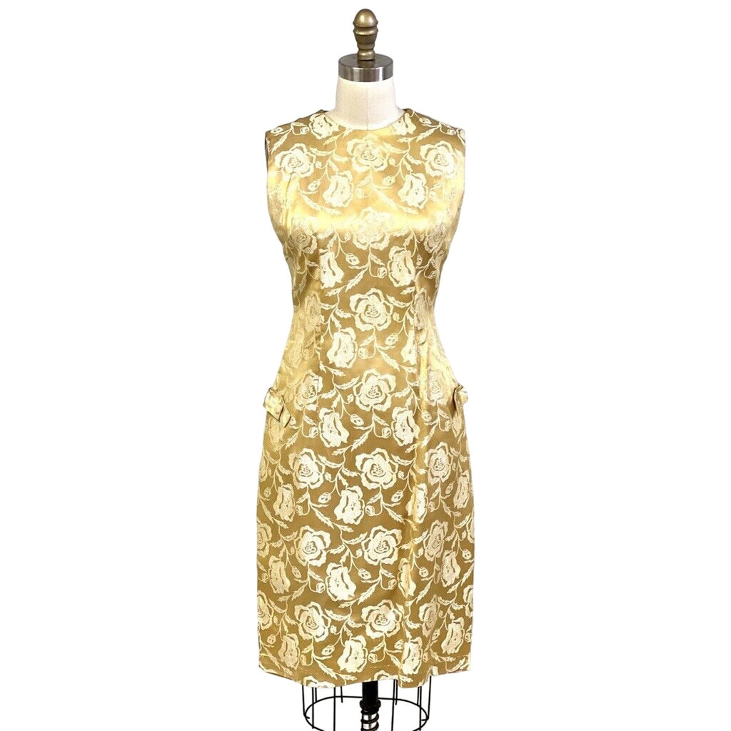 Vtg Chinese Cheongsam Slim Cocktail Dress Gold Damask 36" Bust Womens S/M Unbranded