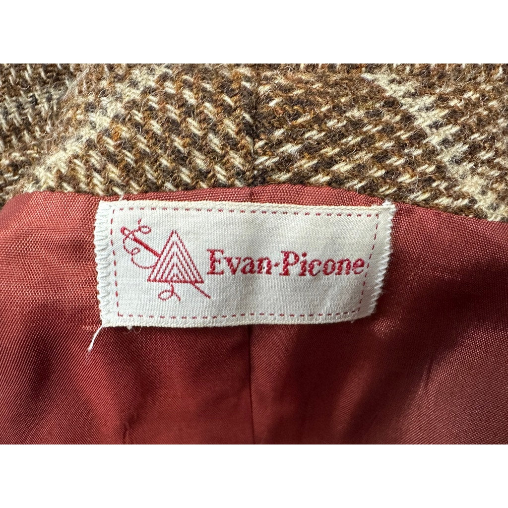 1970s Evan Picone A line Skirt Suit All Wool Brown Blue Plaid S/6 Vintage Career Evan Picone