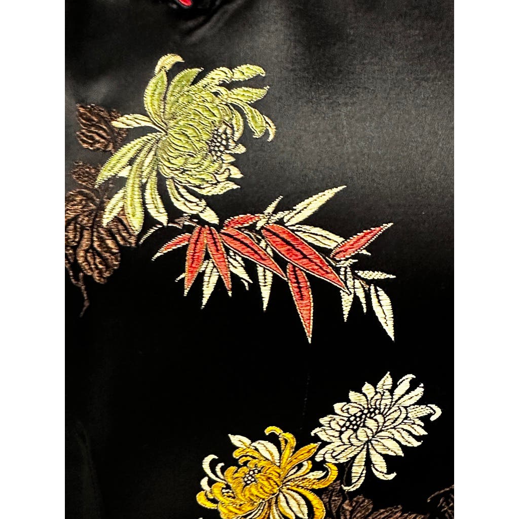 VTG Squirrel Black /Floral Satin Cheongsam Wiggle Dress Sz 40 Medium Red Mums Squirrel