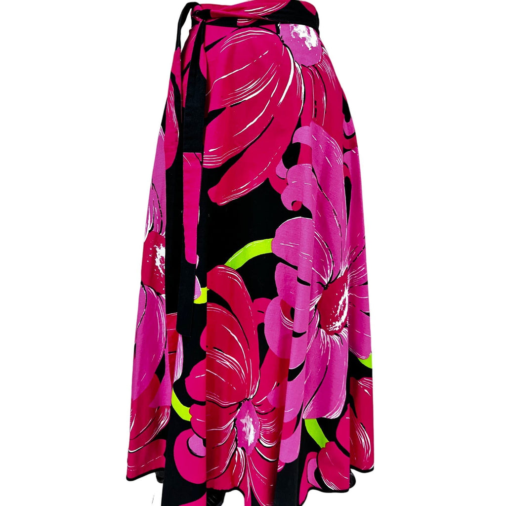 Stunning 70s VTG Hot Pink & Black Floral Wrap Maxi Skirt Marimekko Style O/S Unbranded