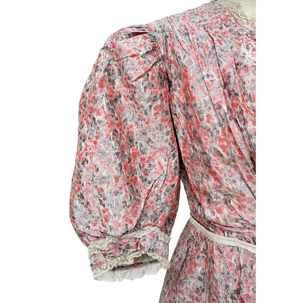 Antique Victorian Bustle Skirt & Bodice Grey Coral Silk Floral RARE Size LARGE Handmade