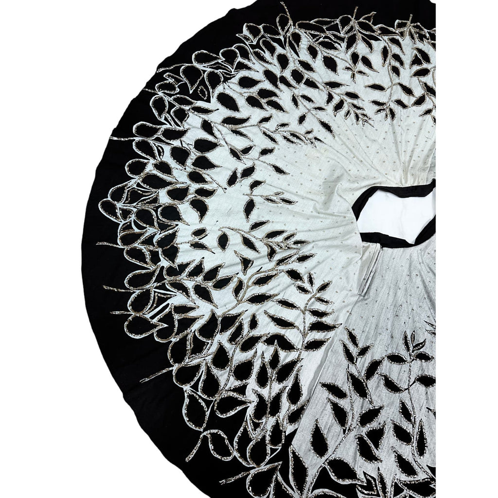 50s VTG Circle Skirt Gray/Black Leaves w/Silver Sequins Dance Rockabilly L/XL Unbranded