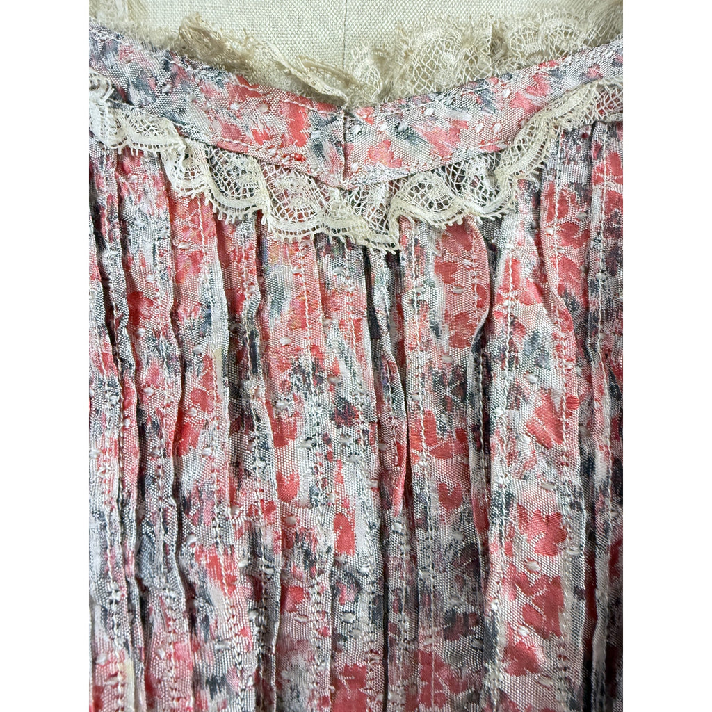 Antique Victorian Bustle Skirt & Bodice Grey Coral Silk Floral RARE Size LARGE Handmade