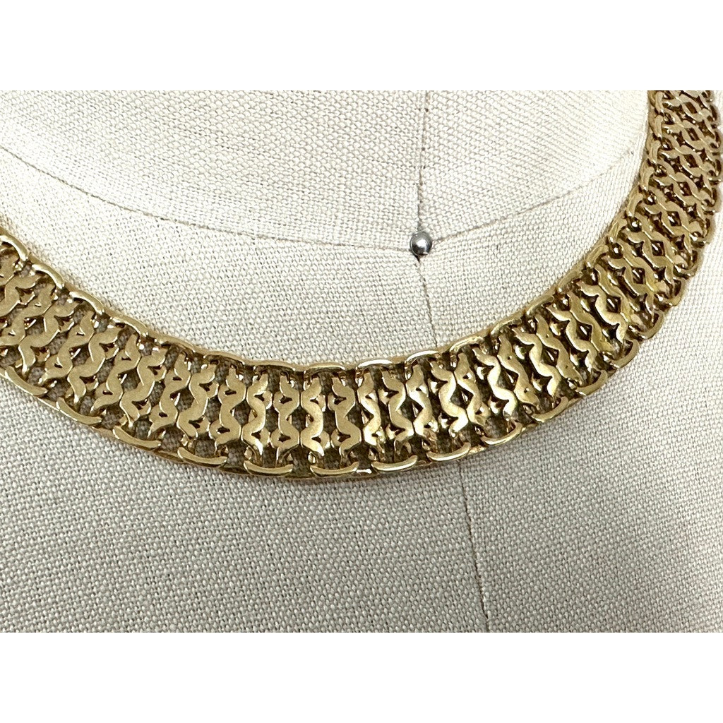 Vintage Signed Monet Flat Woven Gold Tone Choker Collar Necklace 16" Monet