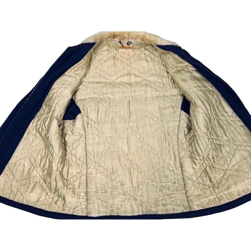 50s VTG Penneys Winter Coat Blue W/Sherpa Collar Mens Sz L 44 Quilted Lining J C Penney